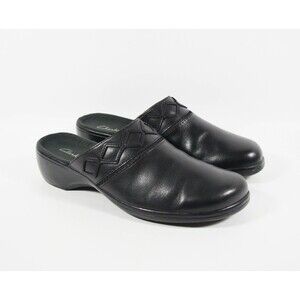 Clarks 80788 Blue Manor Black Leather Slip On Clogs Mules Shoes Sz 10W